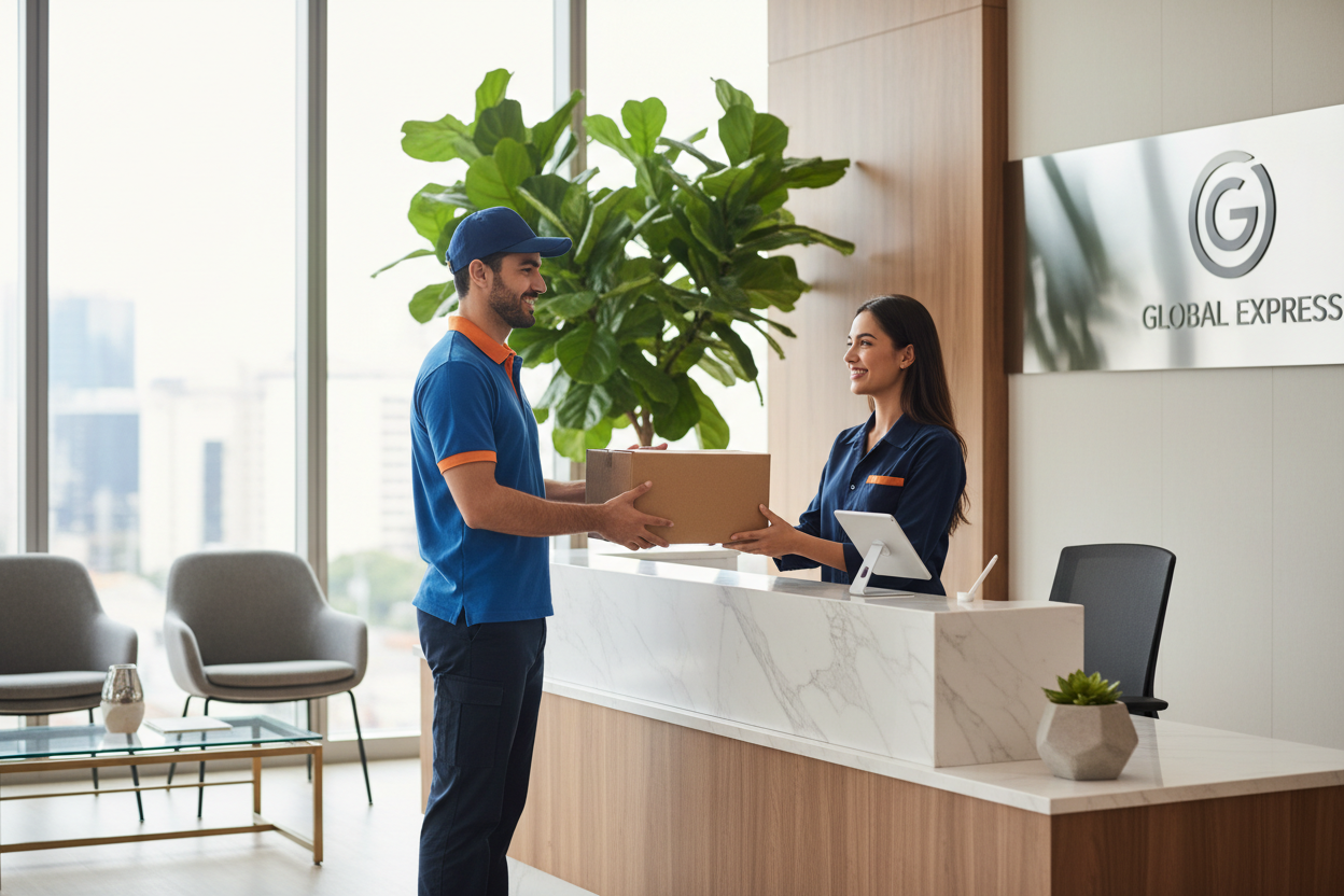a happy delivery guy dropping off a package to a front desk of a business