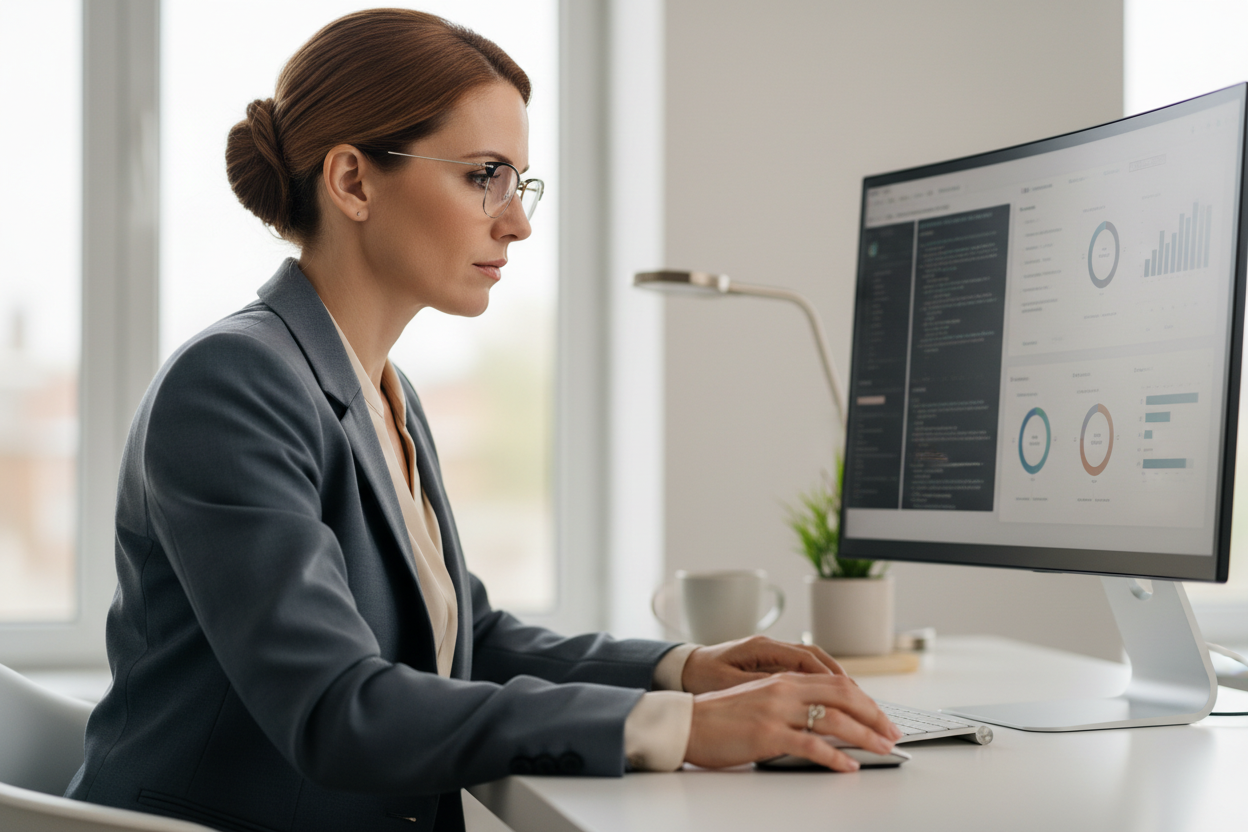 at a desk focused on her and the computer only